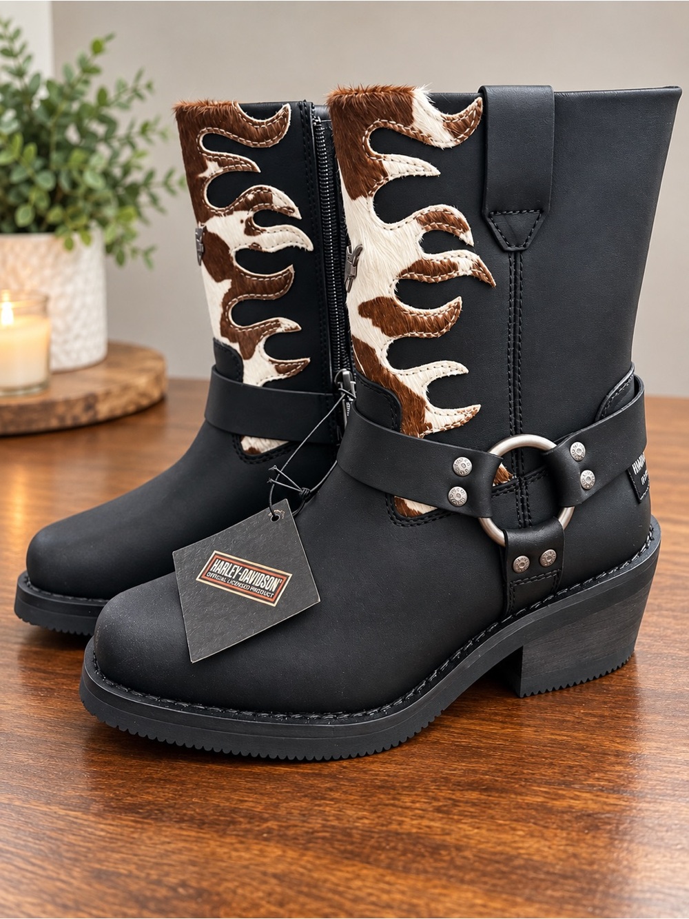Harley-Davidson Black Boots with Brown & White Cowhide Flame Inset